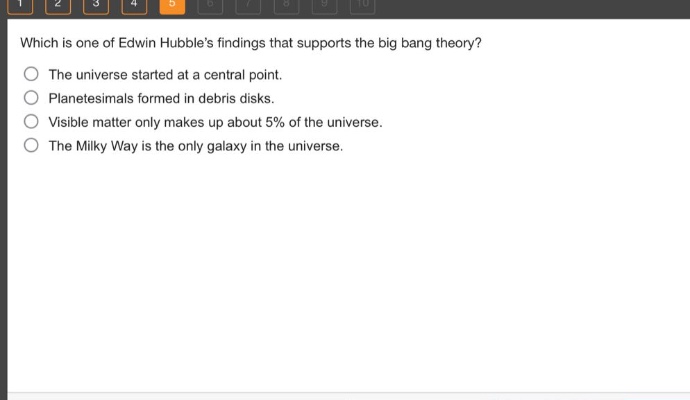which is one of edwin hubbles findings that supports the big bang theory? the universe started at a central point. planetesimals formed in debris disks. visible matter only makes up about 5% of the universe. the milky way is the only galaxy in the universe.