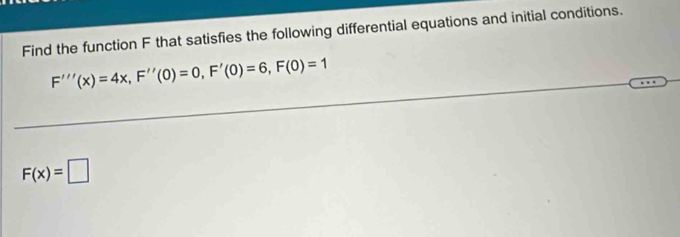 find the function f that satisfies the following differential equations and initial conditions. f(x)=4x, f(0)=0, f(0)=6, f(0)=1 f(x)=