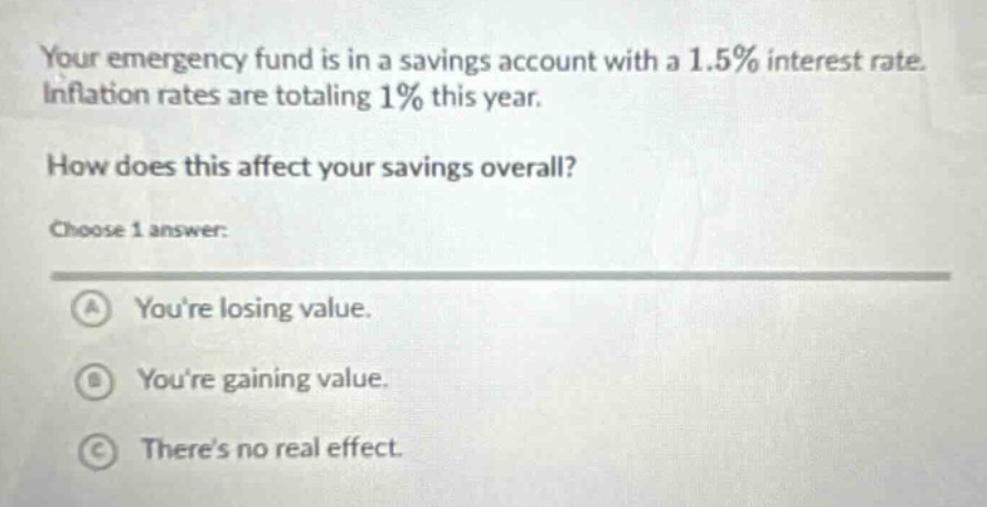 your emergency fund is in a savings account with a 1.5% interest rate. inflation rates are totaling 1% this year. how does this affect your savings overall? choose 1 answer: a youre losing value. b youre gaining value. c theres no real effect.