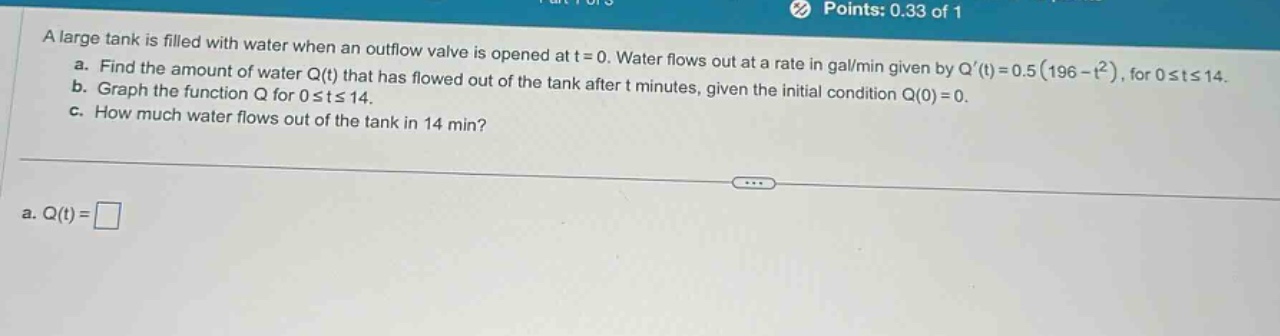 a large tank is filled with water when an outflow valve is opened at t = 0. water flows out at a rate in gal/min given by q(t)=0.5(196 - t²), for 0≤t≤14. a. find the amount of water q(t) that has flowed out of the tank after t minutes, given the initial condition q(0)=0. b. graph the function q for 0≤t≤14. c. how much water flows out of the tank in 14 min? a. q(t)=