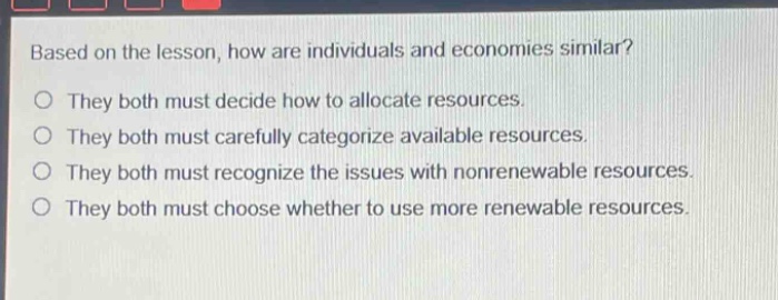 based on the lesson, how are individuals and economies similar? they both must decide how to allocate resources. they both must carefully categorize available resources. they both must recognize the issues with nonrenewable resources. they both must choose whether to use more renewable resources.