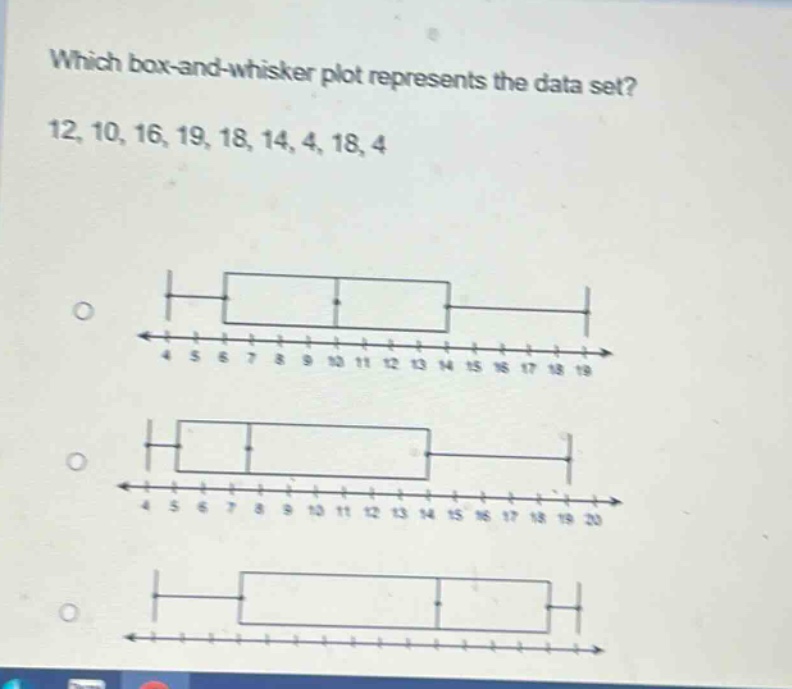 which box - and - whisker plot represents the data set? 12, 10, 16, 19, 18, 14, 4, 18, 4