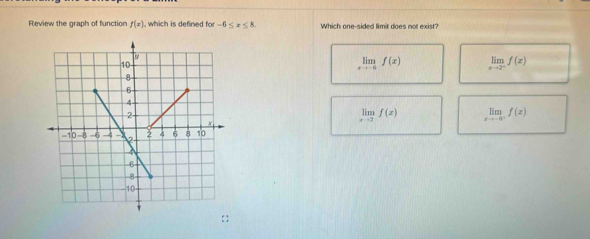 review the graph of function f(x), which is defined for -6 ≤ x ≤ 8. which one - sided limit does not exist? lim x→ - 6 - f(x) lim x→2 + f(x) lim x→2 - f(x) lim x→ - 6 + f(x)