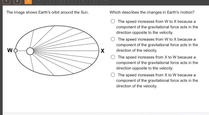 the image shows earth’s orbit around the sun. which describes the changes in earth’s motion? the speed increases from w to x because a component of the gravitational force acts in the direction opposite to the velocity. the speed increases from w to x because a component of the gravitational force acts in the direction of the velocity. the speed increases from x to w because a component of the gravitational force acts in the direction opposite to the velocity. the speed increases from x to w because a component of the gravitational force acts in the direction of the velocity.