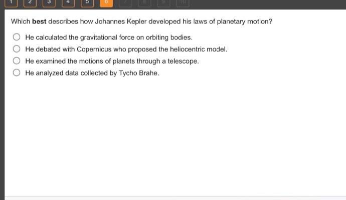 which best describes how johannes kepler developed his laws of planetary motion? he calculated the gravitational force on orbiting bodies. he debated with copernicus who proposed the heliocentric model. he examined the motions of planets through a telescope. he analyzed data collected by tycho brahe.
