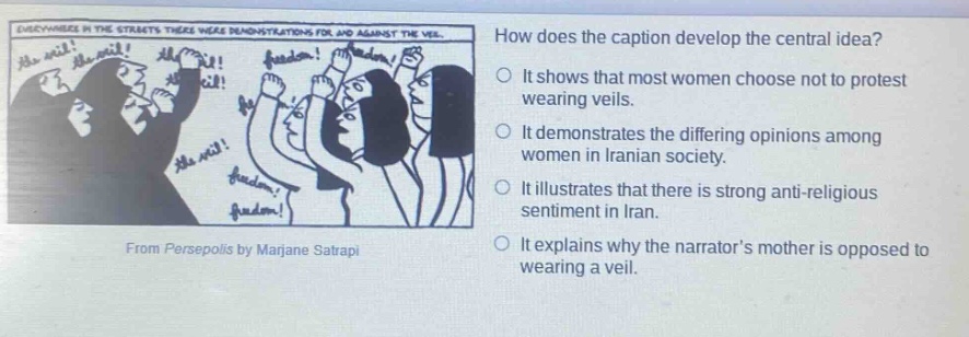 how does the caption develop the central idea? it shows that most women choose not to protest wearing veils. it demonstrates the differing opinions among women in iranian society. it illustrates that there is strong anti - religious sentiment in iran. it explains why the narrators mother is opposed to wearing a veil. from persepolis by marjane satrapi