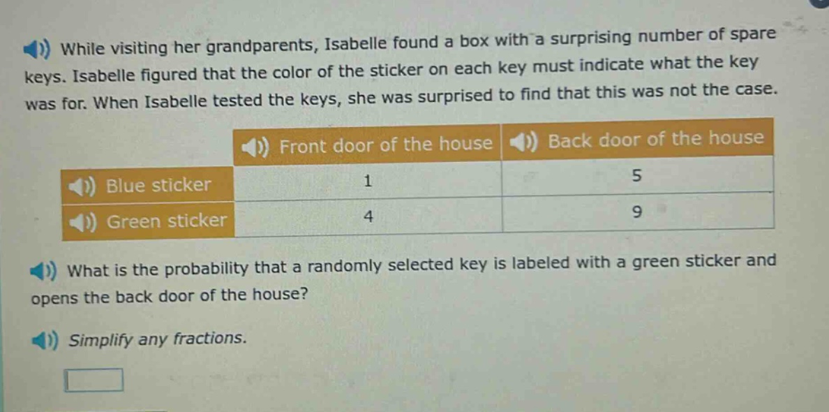 while visiting her grandparents, isabelle found a box with a surprising number of spare keys. isabelle figured that the color of the sticker on each key must indicate what the key was for. when isabelle tested the keys, she was surprised to find that this was not the case. front door of the house back door of the house blue sticker 1 5 green sticker 4 9 what is the probability that a randomly selected key is labeled with a green sticker and opens the back door of the house? simplify any fractions.