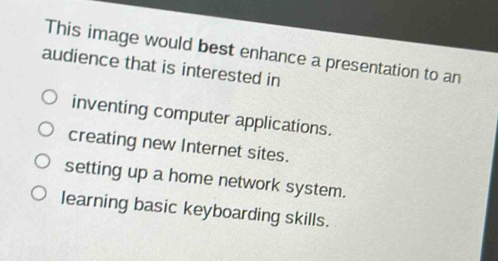 this image would best enhance a presentation to an audience that is interested in\ninventing computer applications.\ncreating new internet sites.\nsetting up a home network system.\nlearning basic keyboarding skills.