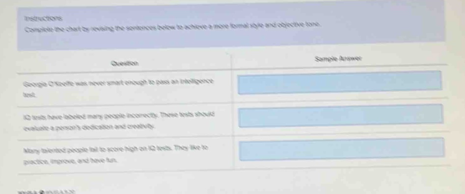 instructions: complete the chart by revising the sentence below to achieve a more formal style and objective tone. question: google chrome was never smart enough to pass an intelligence test. iq tests have labeled many people incorrectly. these tests should evaluate a persons dedication and creativity. many talented people fail to score high on iq tests. they like to practice, improve, and have fun.