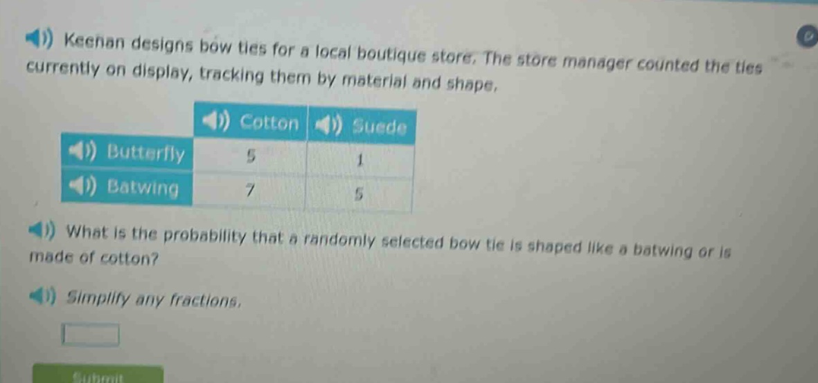 keenan designs bow ties for a local boutique store. the store manager counted the ties currently on display, tracking them by material and shape. what is the probability that a randomly selected bow tie is shaped like a batwing or is made of cotton? simplify any fractions.