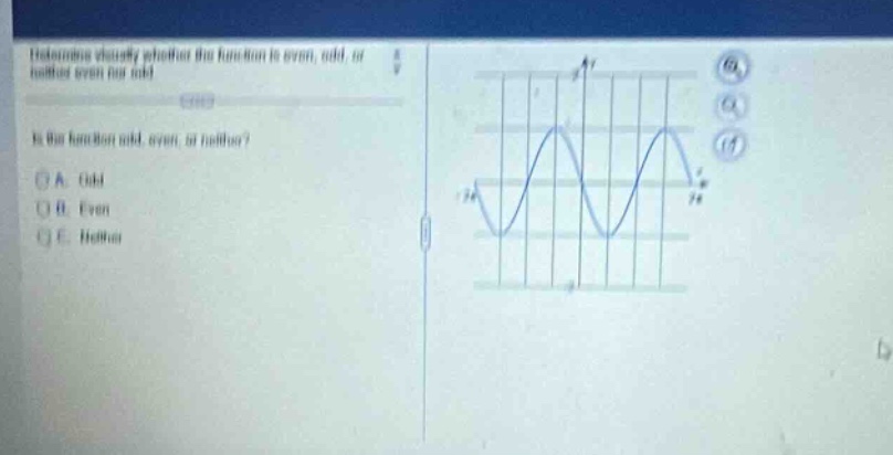 determine visually whether the function is even, odd, or neither even nor odd. is the function odd, even, or neither? a. odd b. even c. neither
