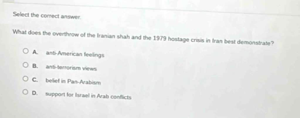 select the correct answer. what does the overthrow of the iranian shah and the 1979 hostage crisis in iran best demonstrate? a. anti - american feelings b. anti - terrorism views c. belief in pan - arabism d. support for israel in arab conflicts
