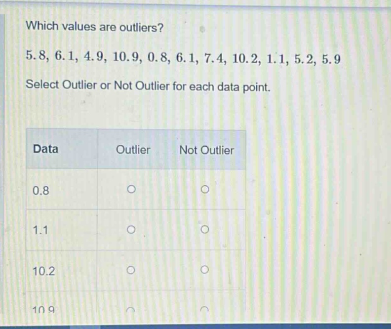 which values are outliers? 5.8, 6.1, 4.9, 10.9, 0.8, 6.1, 7.4, 10.2, 1.1, 5.2, 5.9 select outlier or not outlier for each data point. data outlier not outlier 0.8 1.1 10.2 10.9