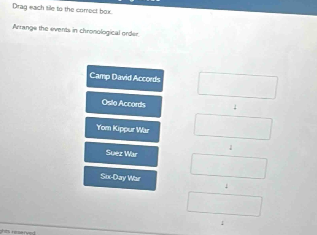 drag each tile to the correct box. arrange the events in chronological order. camp david accords oslo accords yom kippur war suez war six - day war