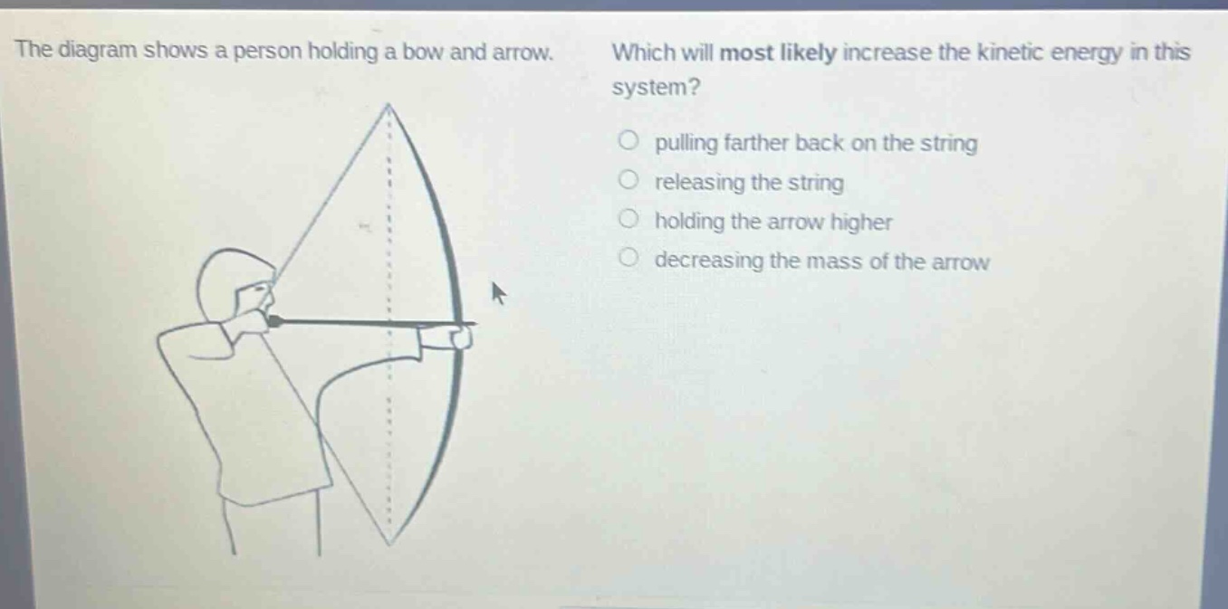 the diagram shows a person holding a bow and arrow. which will most likely increase the kinetic energy in this system? pulling farther back on the string releasing the string holding the arrow higher decreasing the mass of the arrow