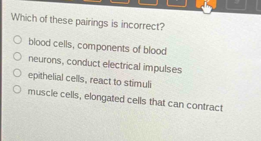 which of these pairings is incorrect?\no blood cells, components of blood\no neurons, conduct electrical impulses\no epithelial cells, react to stimuli\no muscle cells, elongated cells that can contract