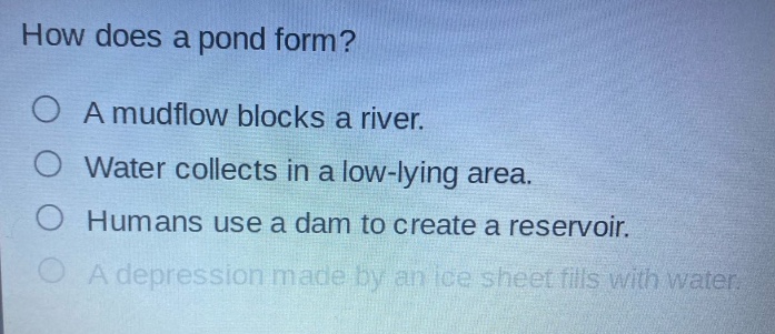 how does a pond form?\na mudflow blocks a river.\nwater collects in a low - lying area.\nhumans use a dam to create a reservoir.\na depression made by an ice sheet fills with water.