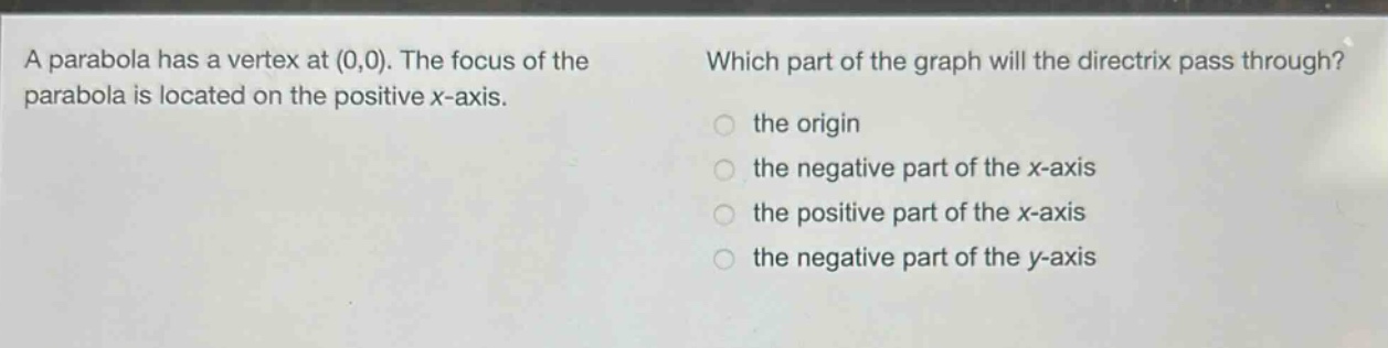 a parabola has a vertex at (0,0). the focus of the parabola is located on the positive x - axis. which part of the graph will the directrix pass through? the origin the negative part of the x - axis the positive part of the x - axis the negative part of the y - axis
