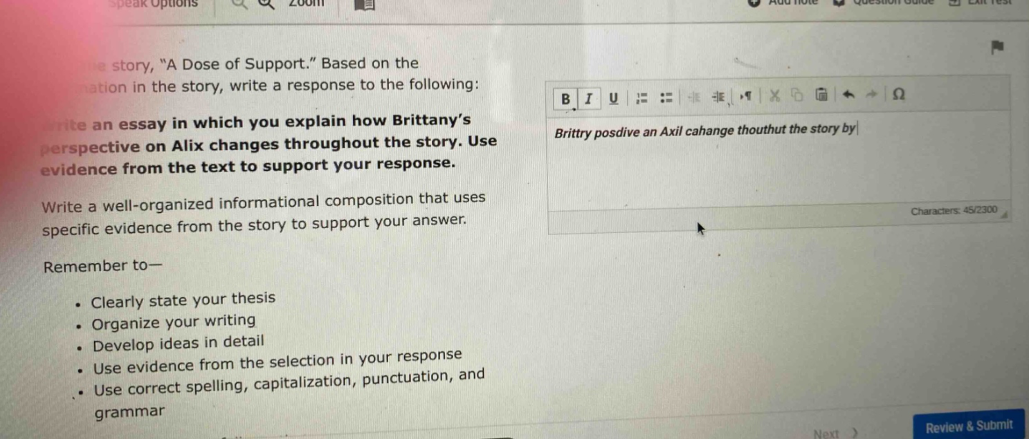 the story, \a dose of support.\ based on the information in the story, write a response to the following: write an essay in which you explain how brittany’s perspective on alix changes throughout the story. use evidence from the text to support your response. write a well - organized informational composition that uses specific evidence from the story to support your answer. remember to— clearly state your thesis organize your writing develop ideas in detail use evidence from the selection in your response use correct spelling, capitalization, punctuation, and grammar