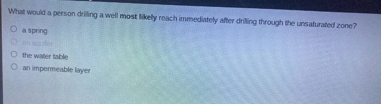 what would a person drilling a well most likely reach immediately after drilling through the unsaturated zone?\no a spring\no an aquifer\no the water table\no an impermeable layer
