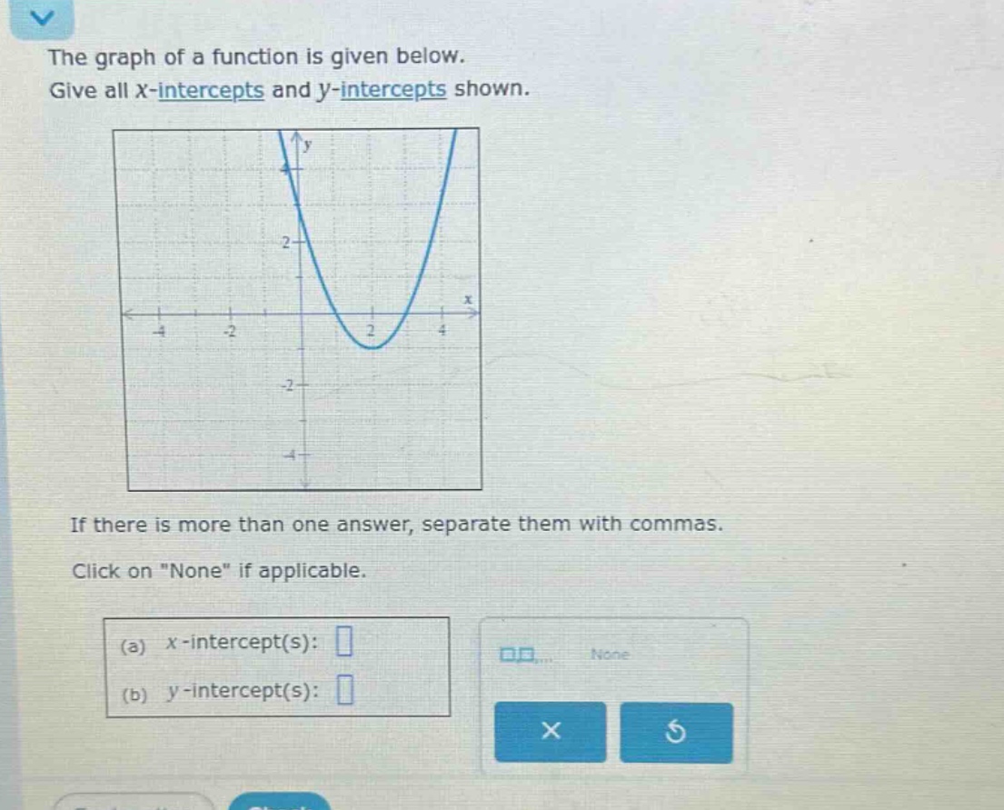 the graph of a function is given below. give all x - intercepts and y - intercepts shown. if there is more than one answer, separate them with commas. click on \none\ if applicable. (a) x - intercept(s): (b) y - intercept(s):