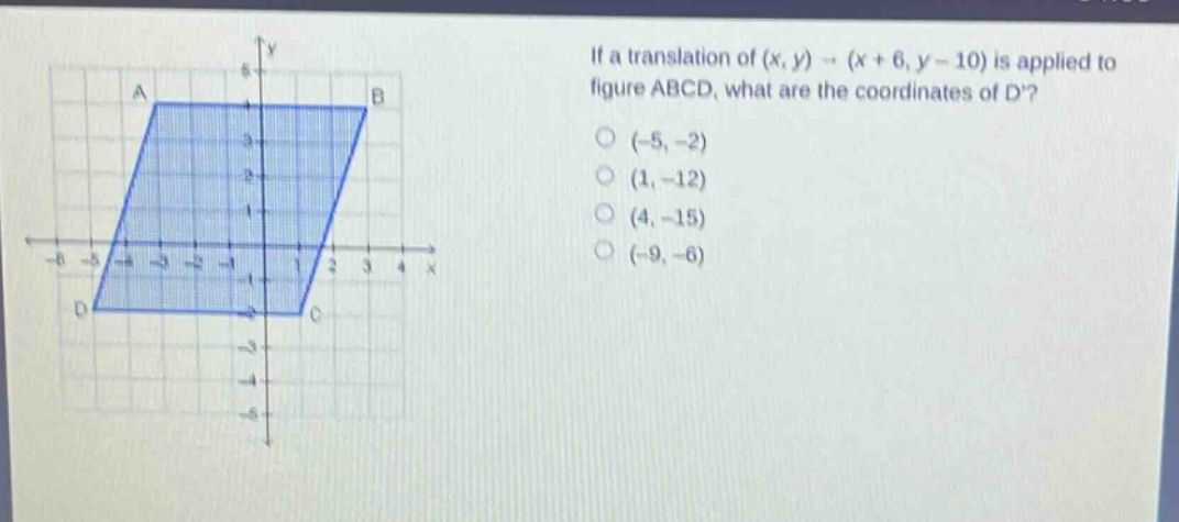 if a translation of (x, y) → (x + 6, y - 10) is applied to figure abcd, what are the coordinates of d? (-5, -2) (1, -12) (4, -15) (-9, -6)