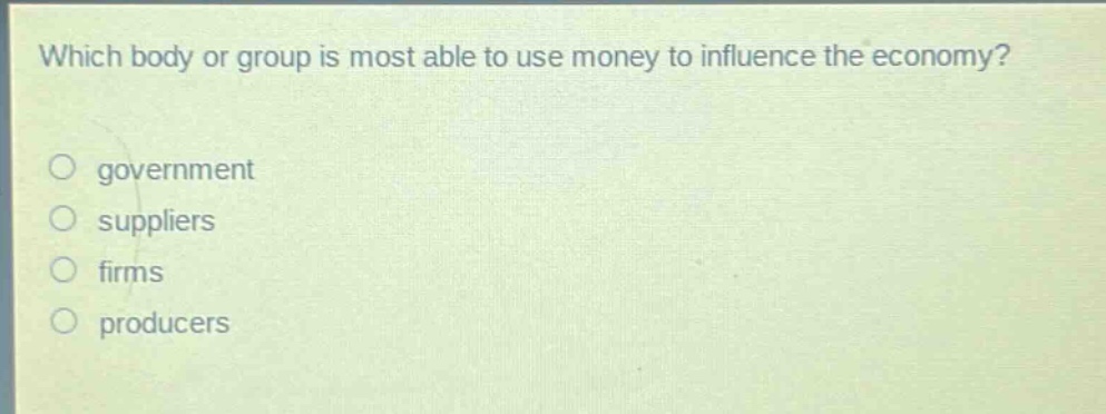 which body or group is most able to use money to influence the economy?\ngovernment\nsuppliers\nfirms\nproducers