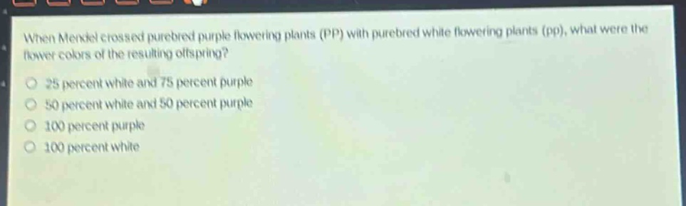 when mendel crossed purebred purple flowering plants (pp) with purebred white flowering plants (pp), what were the flower colors of the resulting offspring? 25 percent white and 75 percent purple 50 percent white and 50 percent purple 100 percent purple 100 percent white