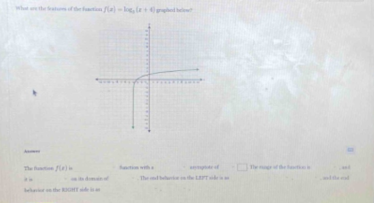 what are the features of the function f(x) = log(x + 4) graphed below? answer the function f(x) is function with a asymptote of the range of the function is and it is as its domain of the end - behavior on the left side is as and the end behavior on the right side is as