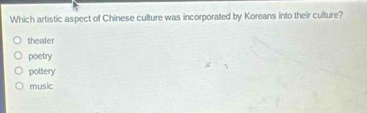 which artistic aspect of chinese culture was incorporated by koreans into their culture?\no theater\no poetry\no pottery\no music