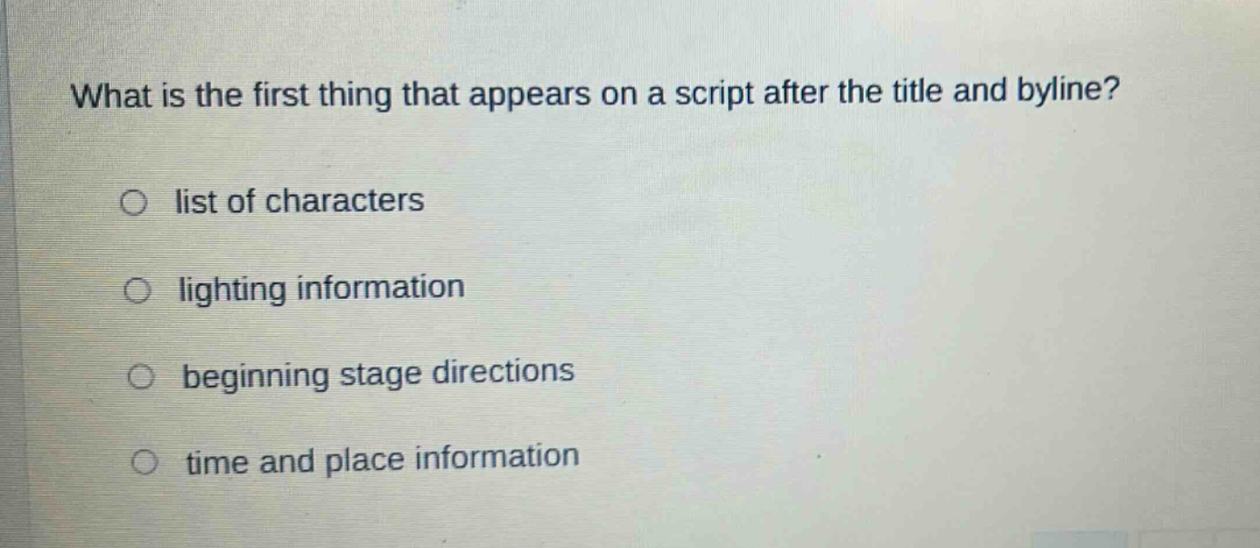 what is the first thing that appears on a script after the title and byline? list of characters lighting information beginning stage directions time and place information