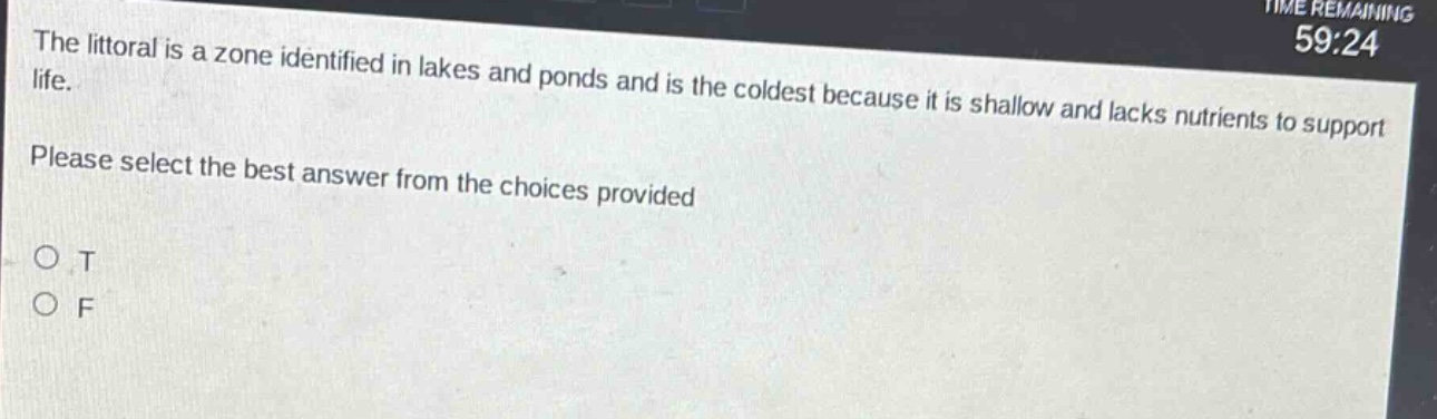 the littoral is a zone identified in lakes and ponds and is the coldest because it is shallow and lacks nutrients to support life. please select the best answer from the choices provided o t o f