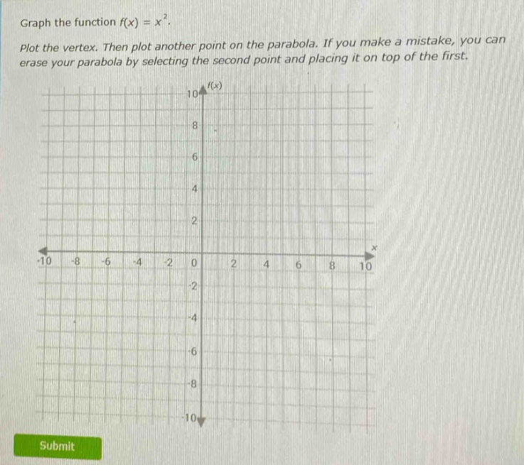 graph the function f(x) = x². plot the vertex. then plot another point on the parabola. if you make a mistake, you can erase your parabola by selecting the second point and placing it on top of the first.