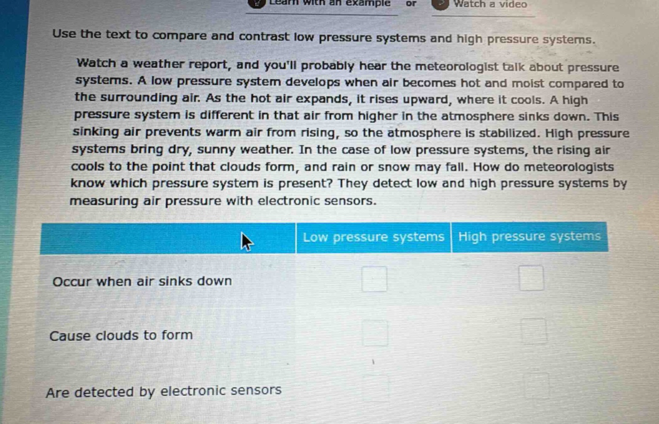 use the text to compare and contrast low pressure systems and high pressure systems. watch a weather report, and youll probably hear the meteorologist talk about pressure systems. a low pressure system develops when air becomes hot and moist compared to the surrounding air. as the hot air expands, it rises upward, where it cools. a high pressure system is different in that air from higher in the atmosphere sinks down. this sinking air prevents warm air from rising, so the atmosphere is stabilized. high pressure systems bring dry, sunny weather. in the case of low pressure systems, the rising air cools to the point that clouds form, and rain or snow may fall. how do meteorologists know which pressure system is present? they detect low and high pressure systems by measuring air pressure with electronic sensors. low pressure systems high pressure systems occur when air sinks down cause clouds to form are detected by electronic sensors