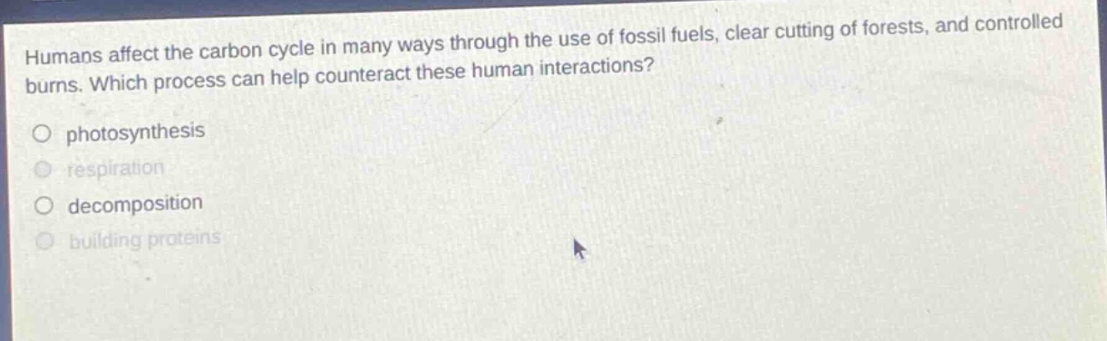 humans affect the carbon cycle in many ways through the use of fossil fuels, clear cutting of forests, and controlled burns. which process can help counteract these human interactions?\nphotosynthesis\nrespiration\ndecomposition\nbuilding proteins