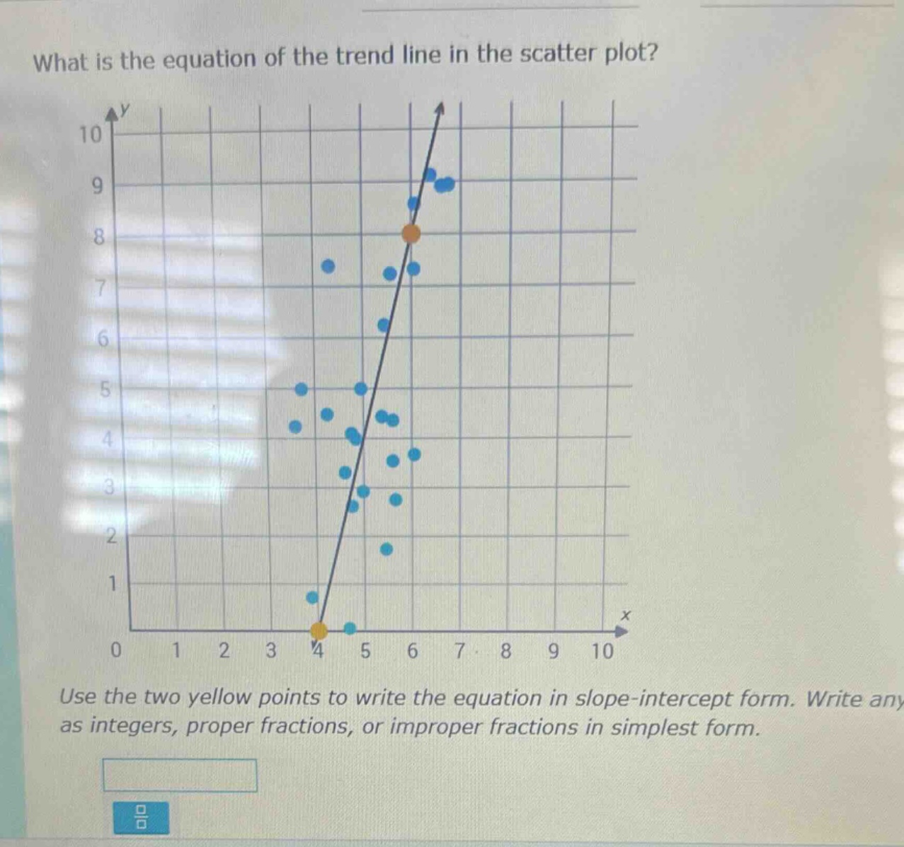 what is the equation of the trend line in the scatter plot? use the two yellow points to write the equation in slope - intercept form. write any as integers, proper fractions, or improper fractions in simplest form.