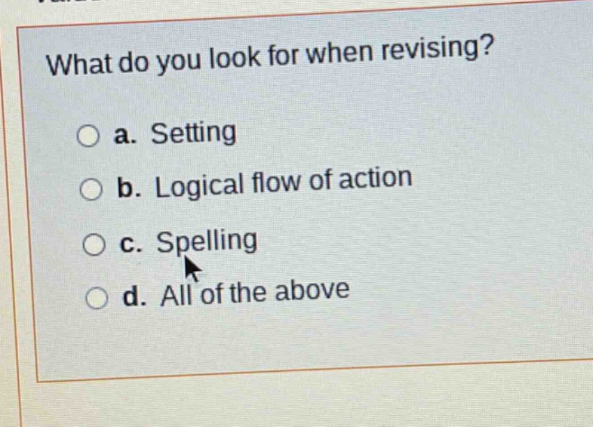 what do you look for when revising?\n a. setting\n b. logical flow of action\n c. spelling\n d. all of the above