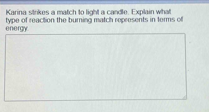 karina strikes a match to light a candle. explain what type of reaction the burning match represents in terms of energy.