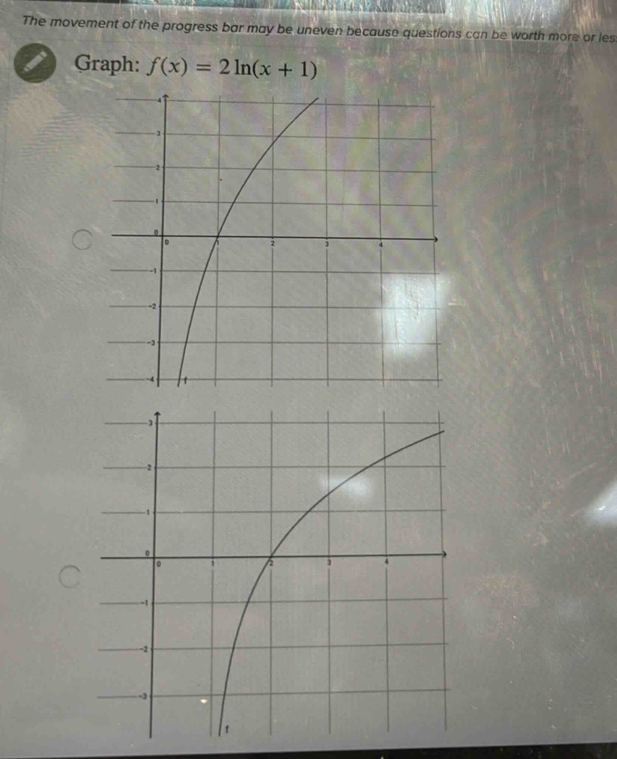 the movement of the progress bar may be uneven because questions can be worth more or less. graph: f(x)=2ln(x + 1)