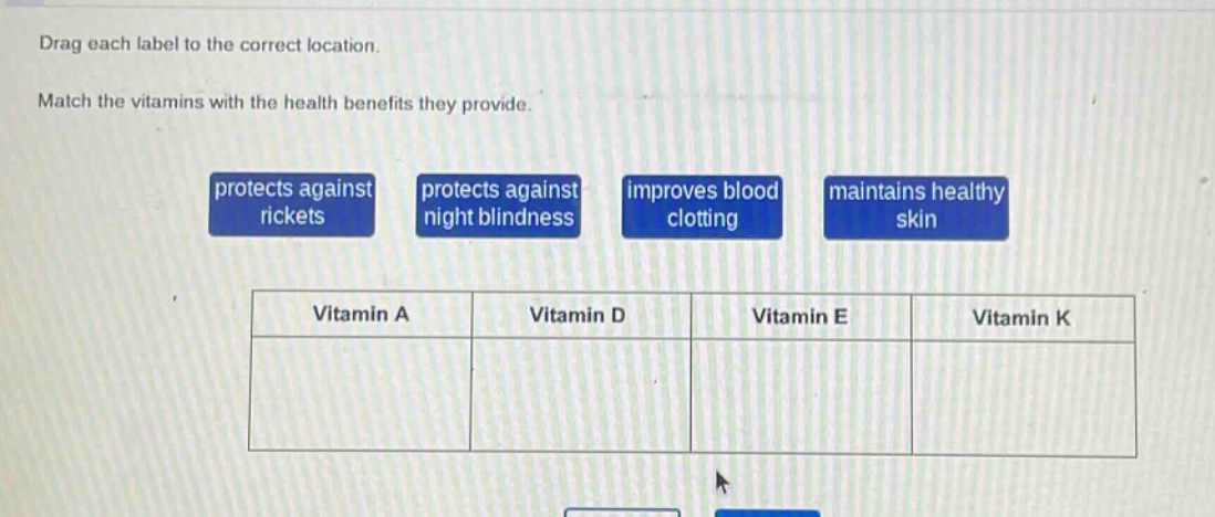drag each label to the correct location. match the vitamins with the health benefits they provide. protects against rickets protects against night blindness improves blood clotting maintains healthy skin vitamin a vitamin d vitamin e vitamin k