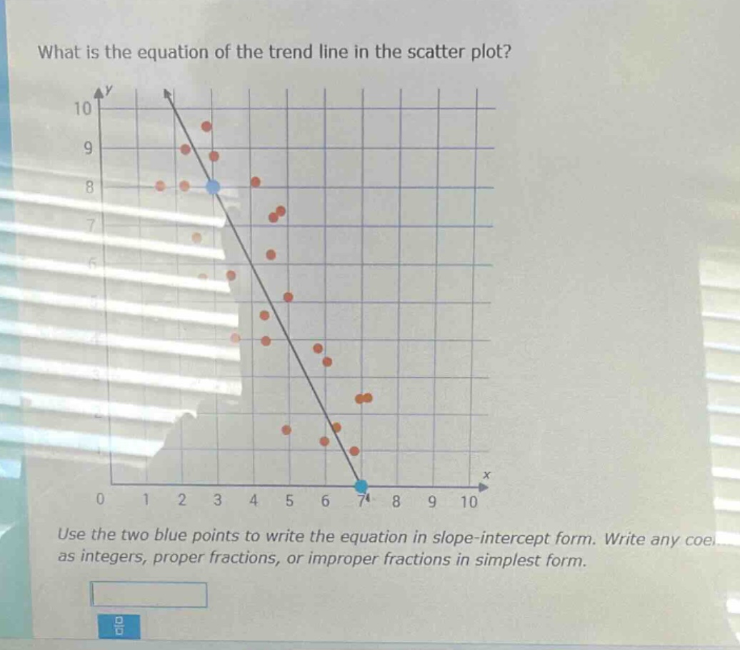 what is the equation of the trend line in the scatter plot? use the two blue points to write the equation in slope - intercept form. write any coe as integers, proper fractions, or improper fractions in simplest form.