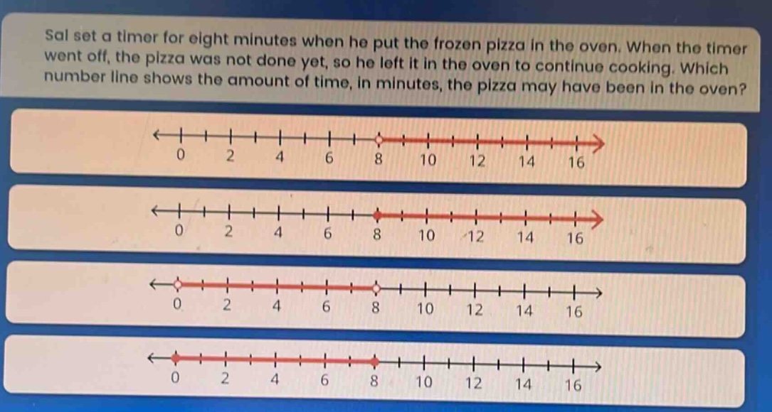 sal set a timer for eight minutes when he put the frozen pizza in the oven. when the timer went off, the pizza was not done yet, so he left it in the oven to continue cooking. which number line shows the amount of time, in minutes, the pizza may have been in the oven?