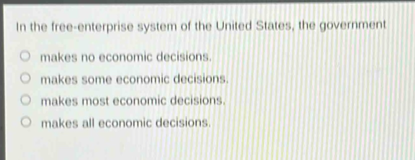 in the free - enterprise system of the united states, the government makes no economic decisions. makes some economic decisions. makes most economic decisions. makes all economic decisions.