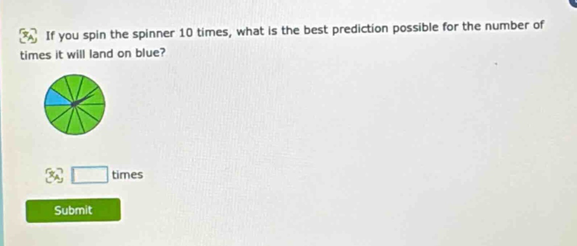 if you spin the spinner 10 times, what is the best prediction possible for the number of times it will land on blue? times