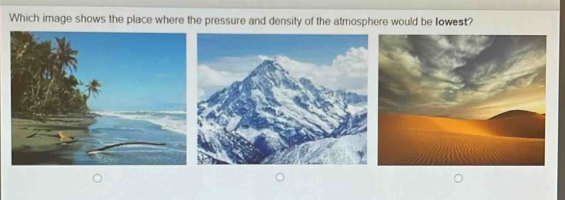 which image shows the place where the pressure and density of the atmosphere would be lowest?