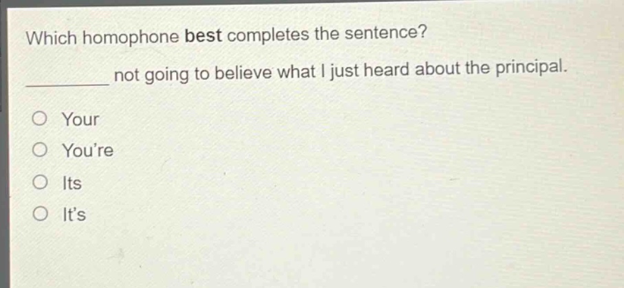 which homophone best completes the sentence? not going to believe what i just heard about the principal. your youre its its