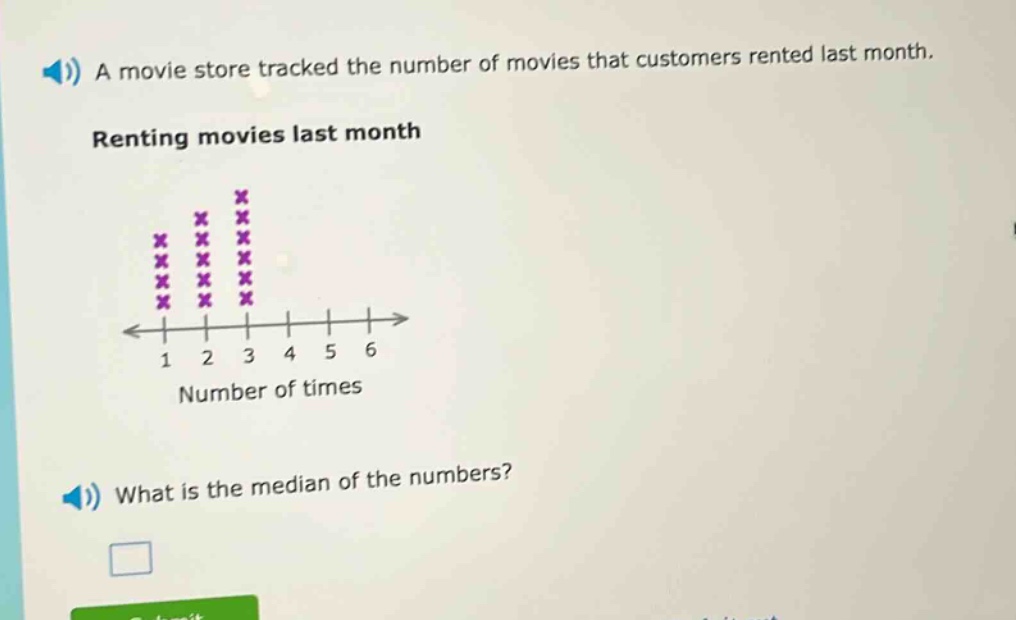 a movie store tracked the number of movies that customers rented last month. renting movies last month what is the median of the numbers?