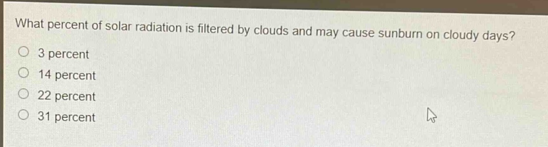 what percent of solar radiation is filtered by clouds and may cause sunburn on cloudy days?\n3 percent\n14 percent\n22 percent\n31 percent