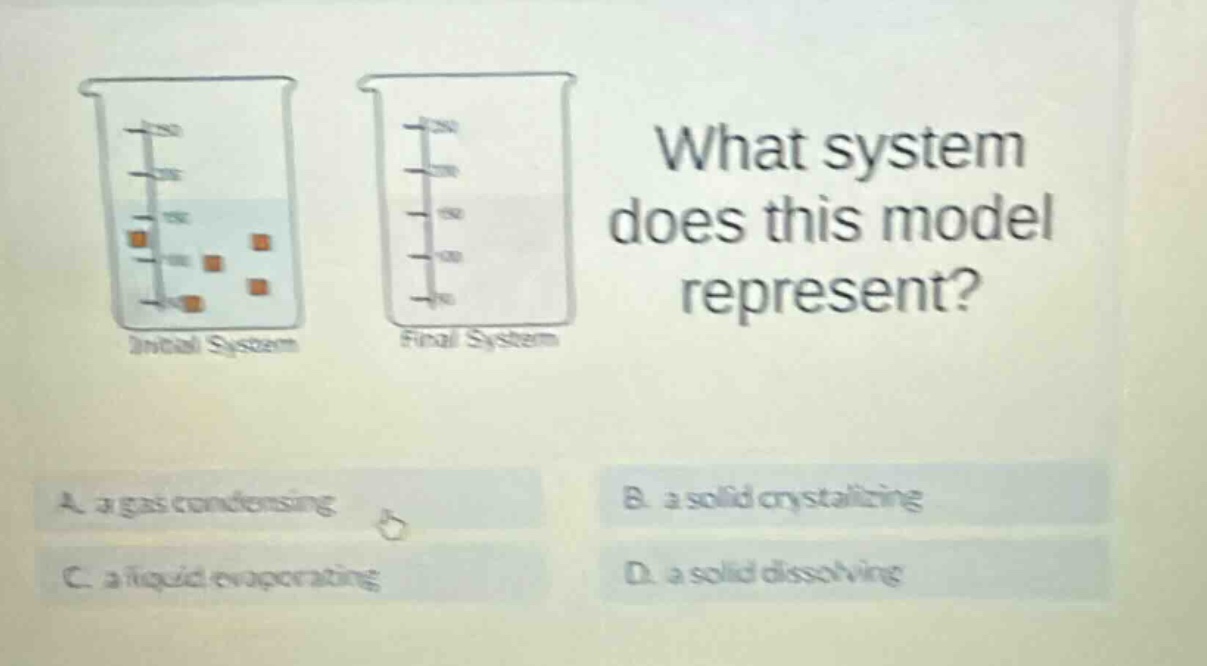 what system does this model represent? a. a gas condensing b. a solid crystallizing c. a liquid evaporating d. a solid dissolving initial system final system