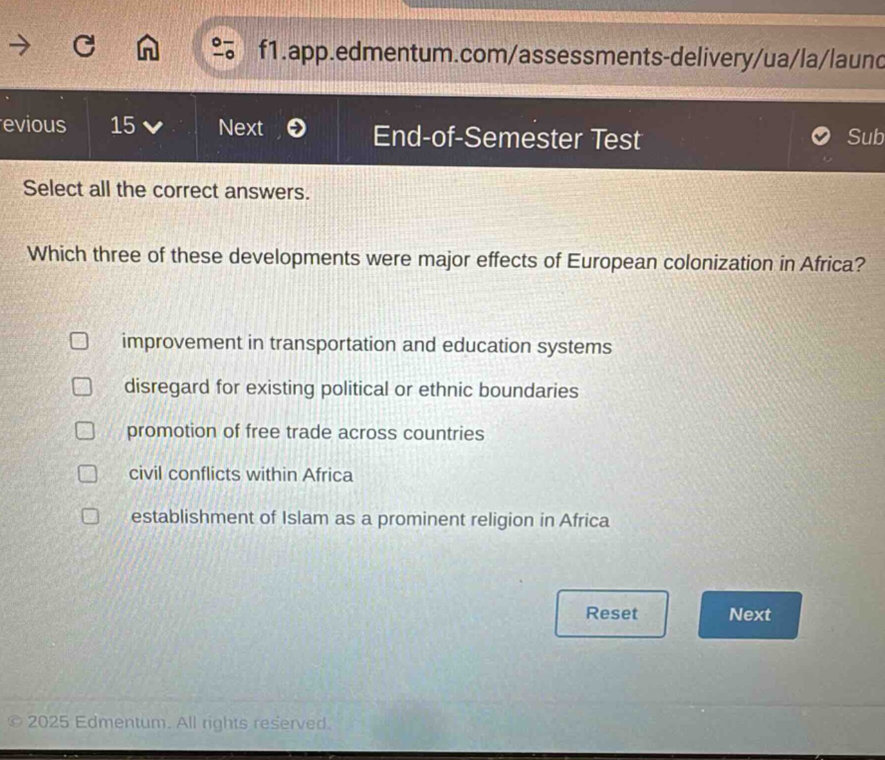 select all the correct answers. which three of these developments were major effects of european colonization in africa? improvement in transportation and education systems disregard for existing political or ethnic boundaries promotion of free trade across countries civil conflicts within africa establishment of islam as a prominent religion in africa